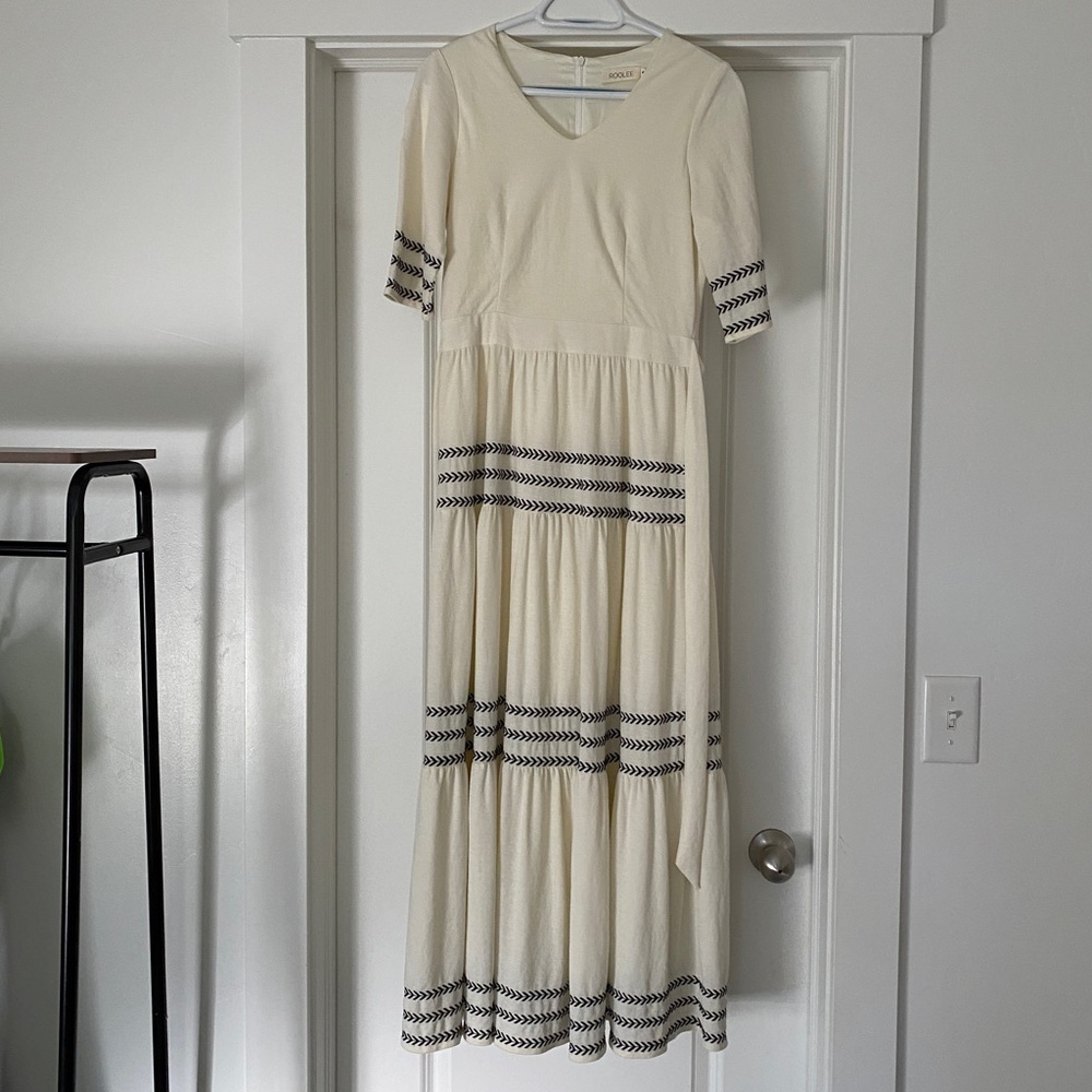 Roolee maxi dress, cream with stitched stripes, small